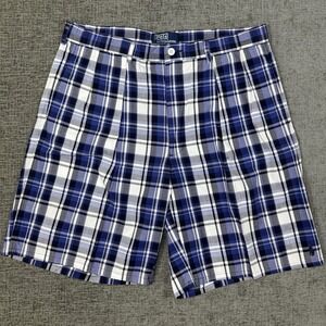 Polo Ralph Lauren Shorts Men's 36‎ Plaid Blue Golf  Cotton 9" Inseam Vintage